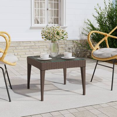 vidaXL Side Table Brown 50x50x38 cm Poly Rattan and Tempered Glass