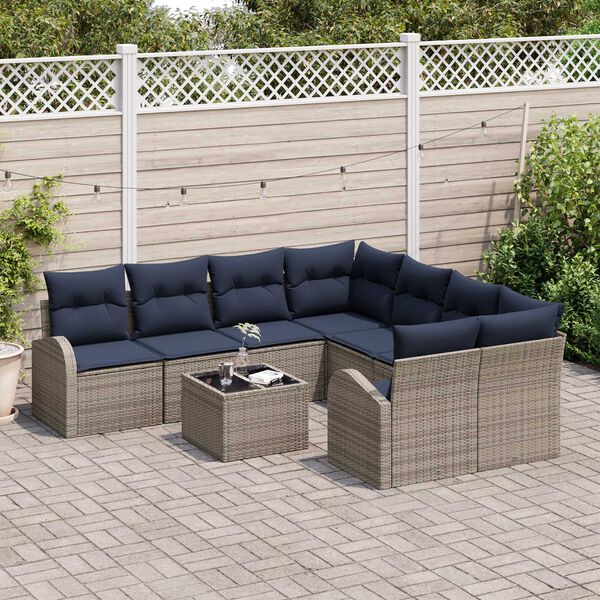 vidaXL 9 Piece Garden Sofa Set with Cushions Grey Poly Rattan