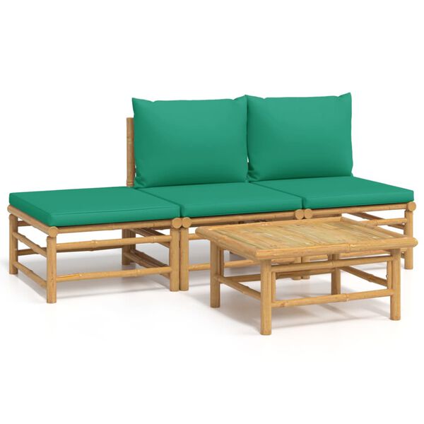 vidaXL 4 Piece Garden Lounge Set with Green Cushions Bamboo
