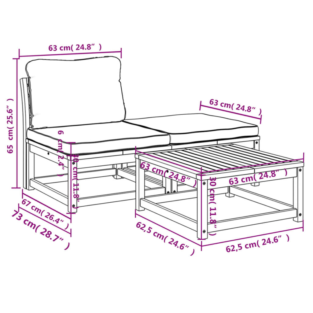 vidaXL 3 Piece Garden Lounge Set with Cushions Solid Wood Acacia