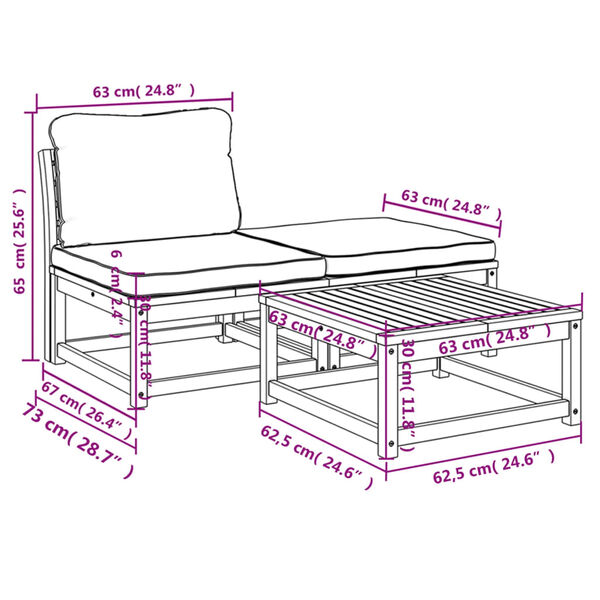 vidaXL 3 Piece Garden Lounge Set with Cushions Solid Wood Acacia
