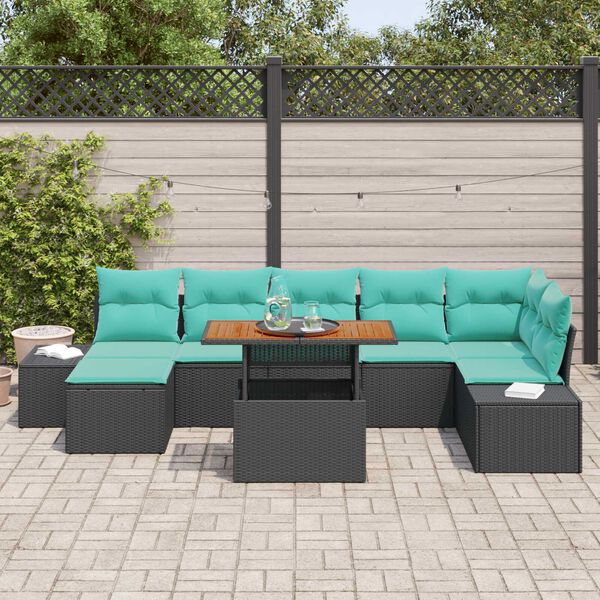 vidaXL 8 Piece Garden Sofa Set with Cushions Black Poly Rattan Acacia