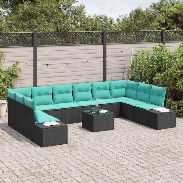 vidaXL Garden Sofa Set with Cushion 11 pcs Black Poly Rattan