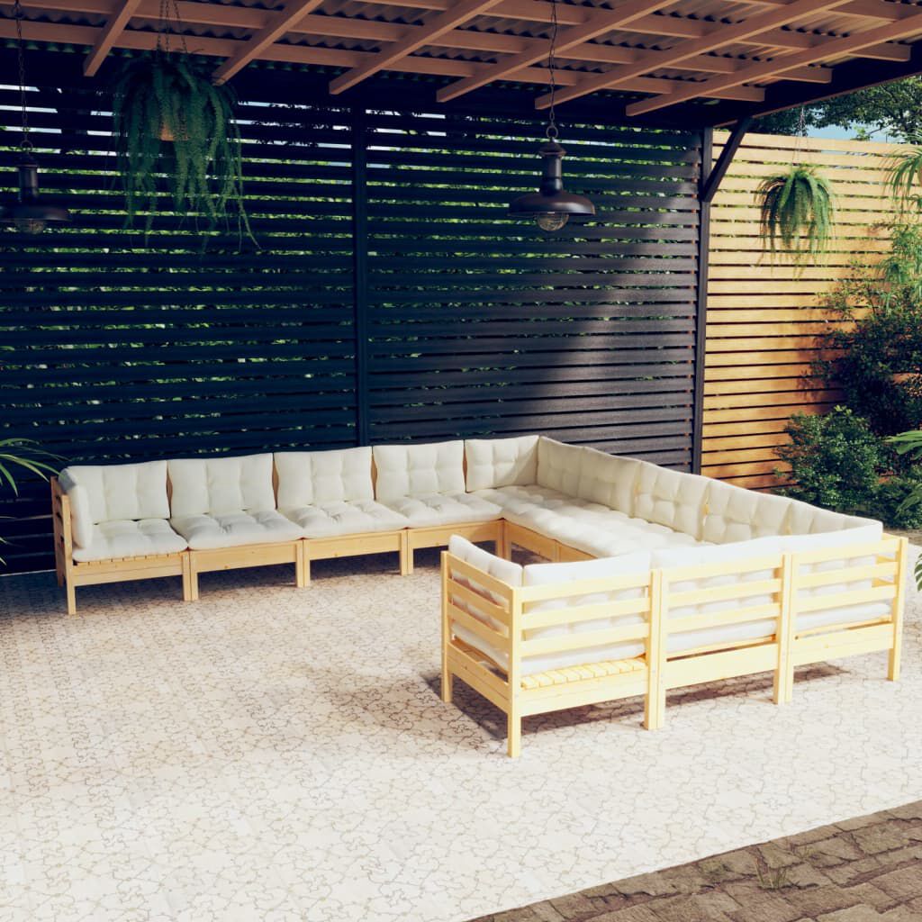vidaXL 11 Piece Garden Lounge Set with Cream Cushions Pinewood