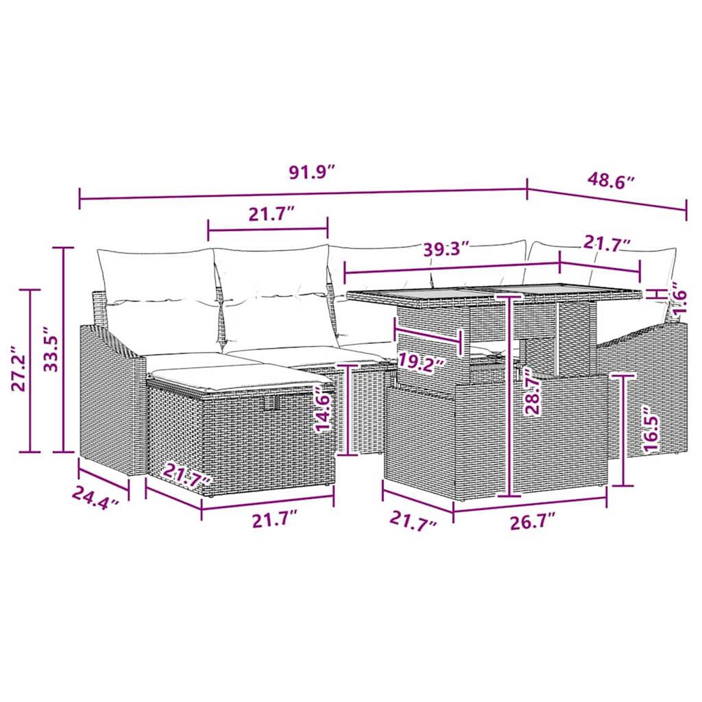 vidaXL Garden Sofa Set Height-Adjustable 7 pcs Black Poly Rattan