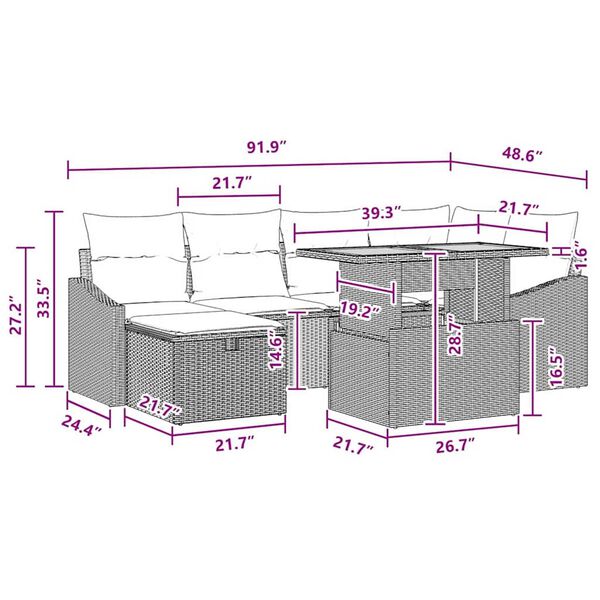 vidaXL Garden Sofa Set Height-Adjustable 7 pcs Black Poly Rattan