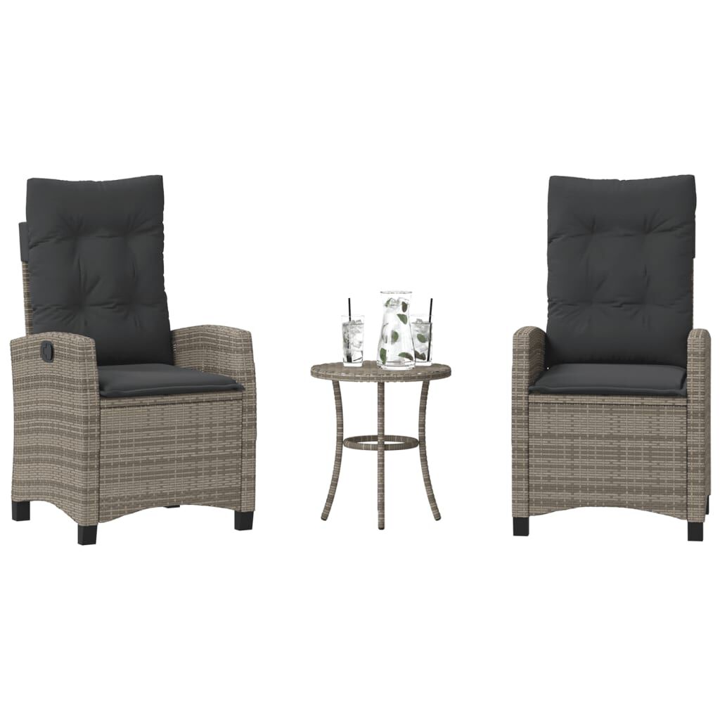 vidaXL 3 Piece Bistro Set with Cushions Grey Poly Rattan