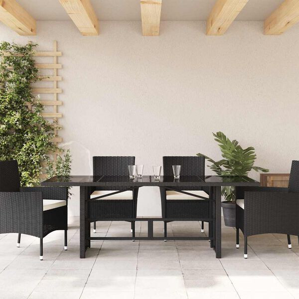 vidaXL Garden Table with Glass Top Black 190x80x74 cm Poly Rattan