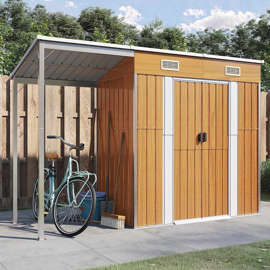 vidaXL Garden Shed with Extended Roof Light Brown 277x110.5x181cm Steel