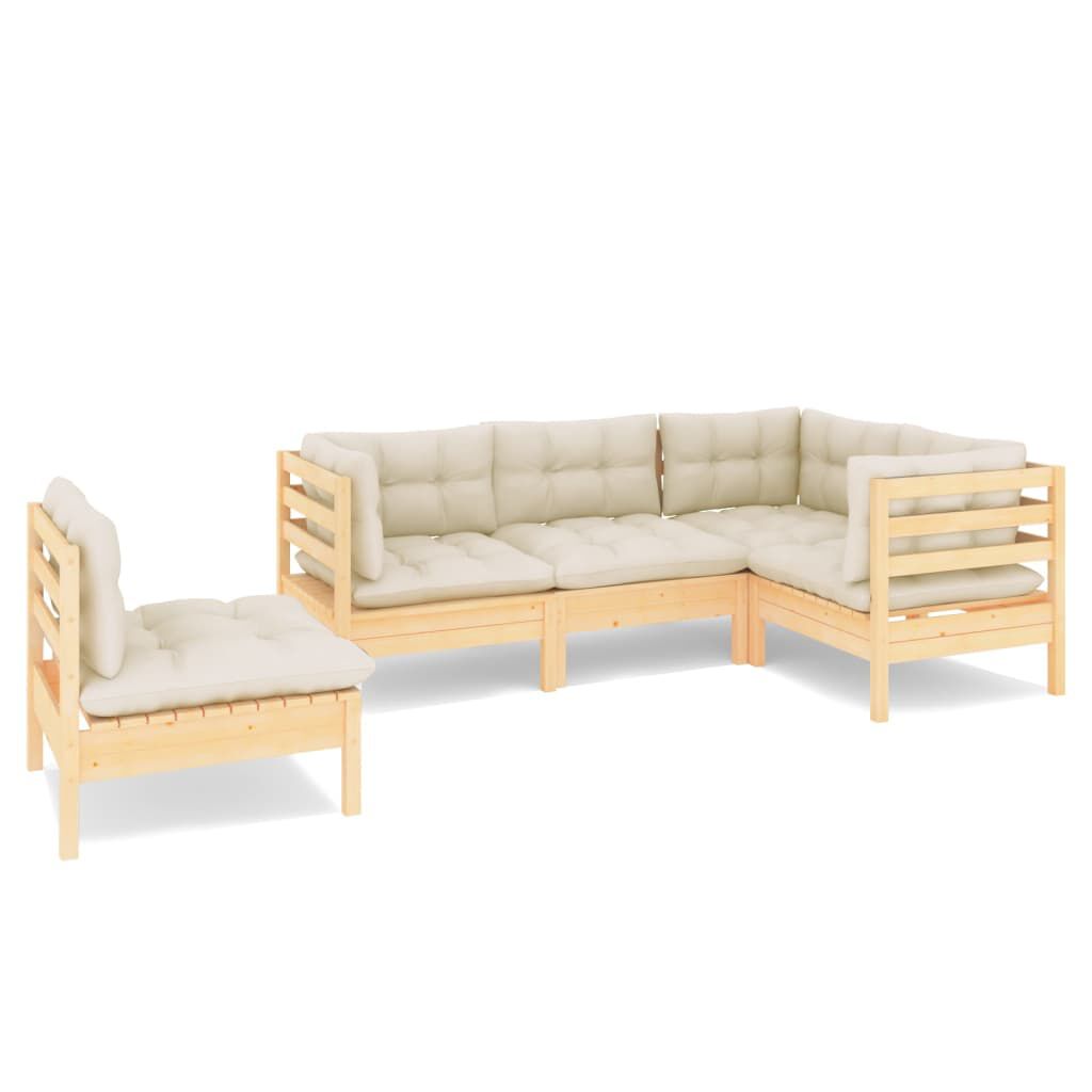 vidaXL 5 Piece Garden Lounge Set with Cream Cushions Pinewood