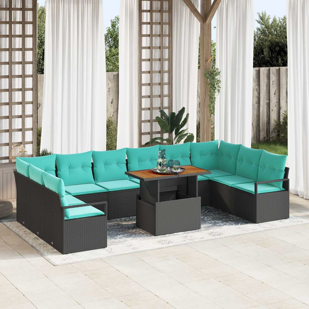 vidaXL 11 Piece Garden Sofa Set with Cushions Black Poly Rattan Acacia