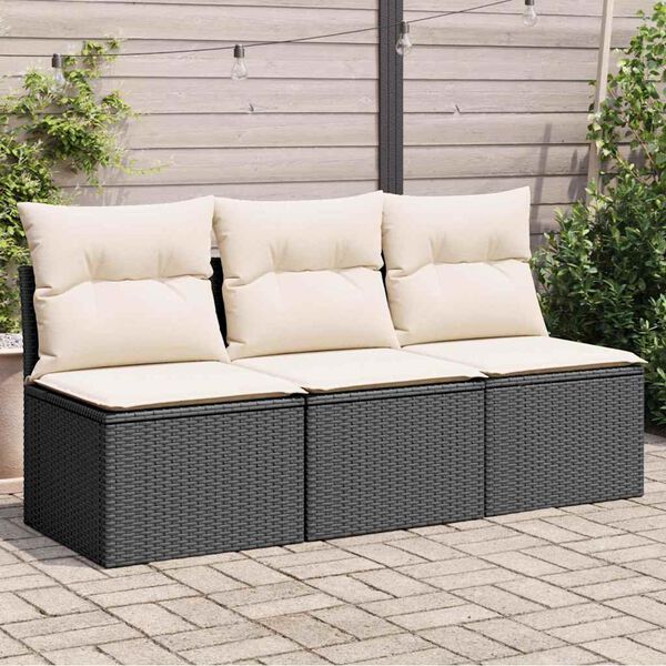 vidaXL Garden Sofa with Cushions 3-Seater Black Poly Rattan