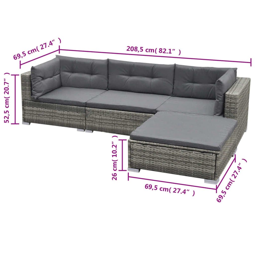 vidaXL 5 Piece Garden Lounge Set with Cushions Poly Rattan Grey