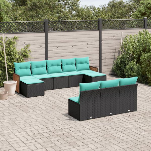 vidaXL 10 Piece Garden Sofa Set with Cushions Black Poly Rattan
