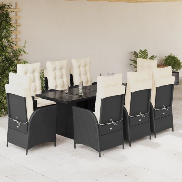 vidaXL 9 Piece Garden Dining Set with Cushions Black Poly Rattan