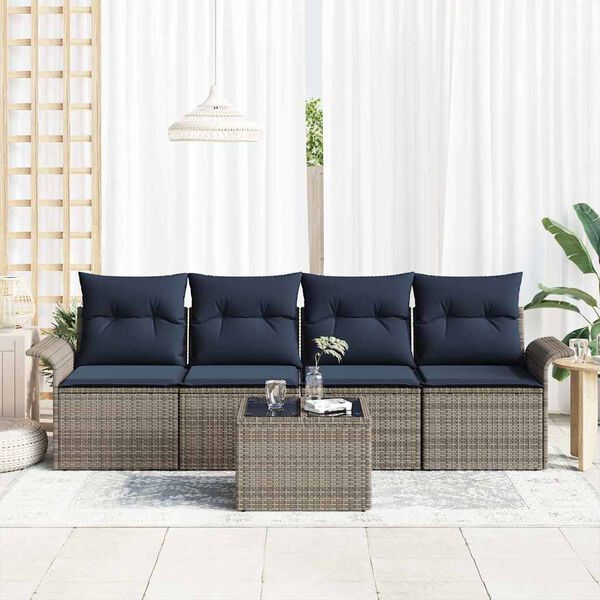 vidaXL Sofa Set with Cushion 5 pcs Grey Poly Rattan