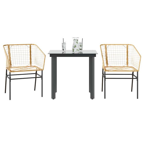 vidaXL 3 Piece Garden Dining Set Brown Poly Rattan Glass