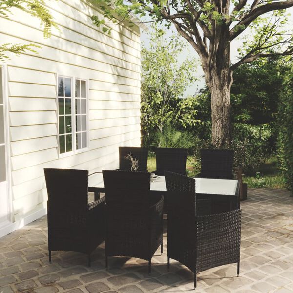 vidaXL 7 Piece Outdoor Dining Set with Cushions Poly Rattan Black