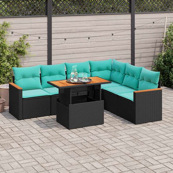 vidaXL 7 Piece Garden Sofa Set with Cushions Black Poly Rattan