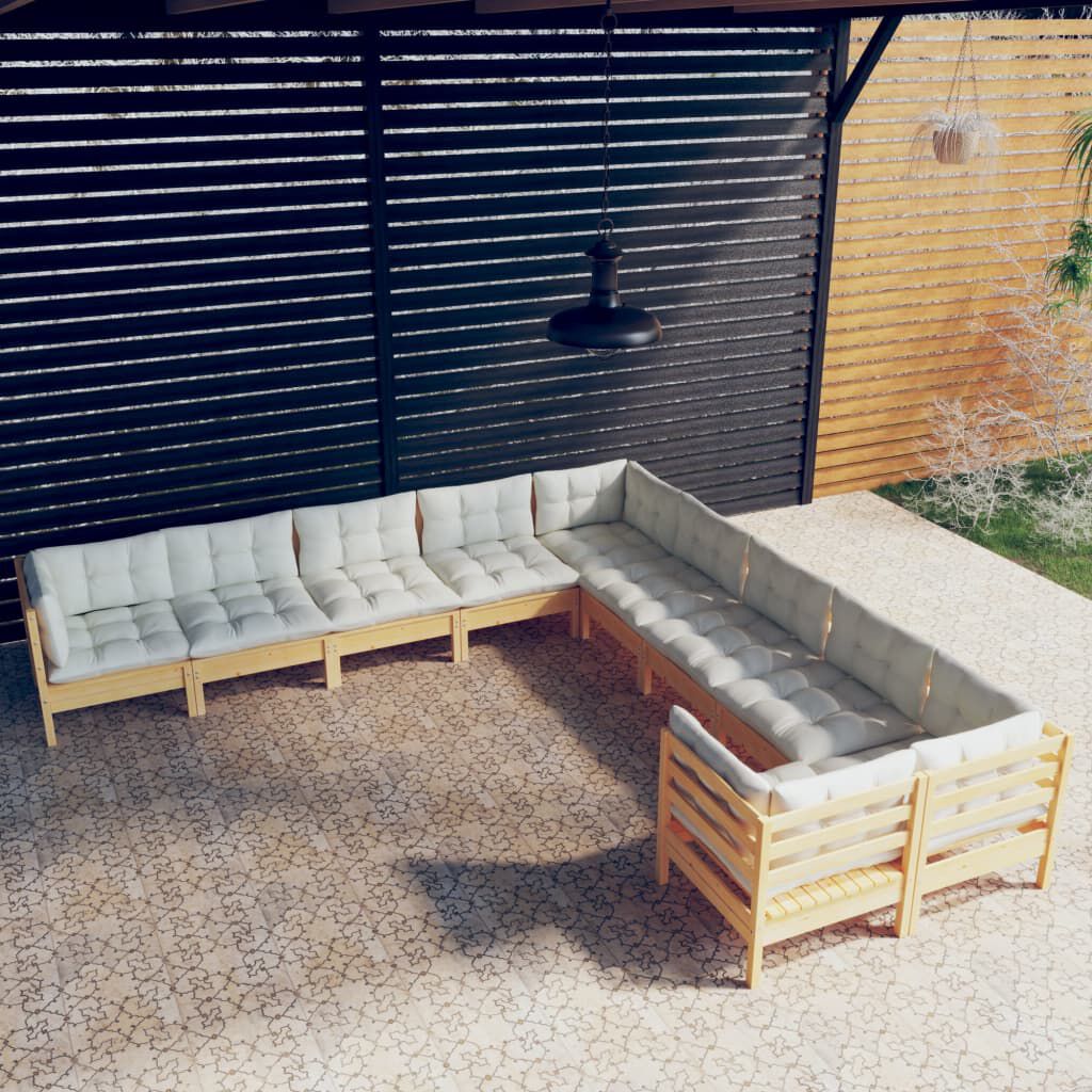vidaXL 10 Piece Garden Lounge Set with Cream Cushions Pinewood