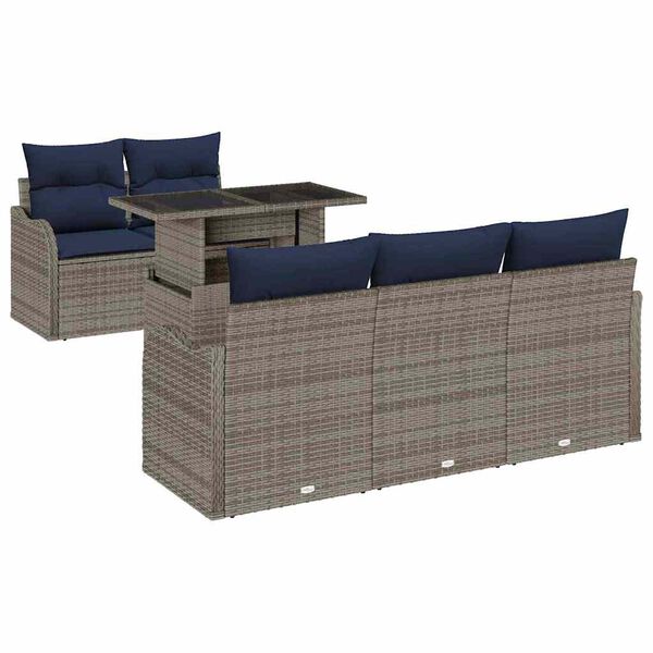vidaXL Garden Sofa Set with Cushion 6 pcs Grey and Navy Poly Rattan