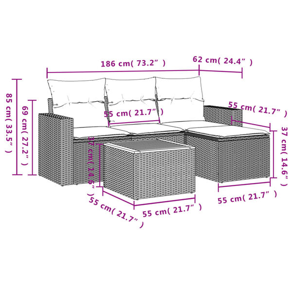 vidaXL 5 Piece Garden Sofa Set with Cushions Grey Poly Rattan