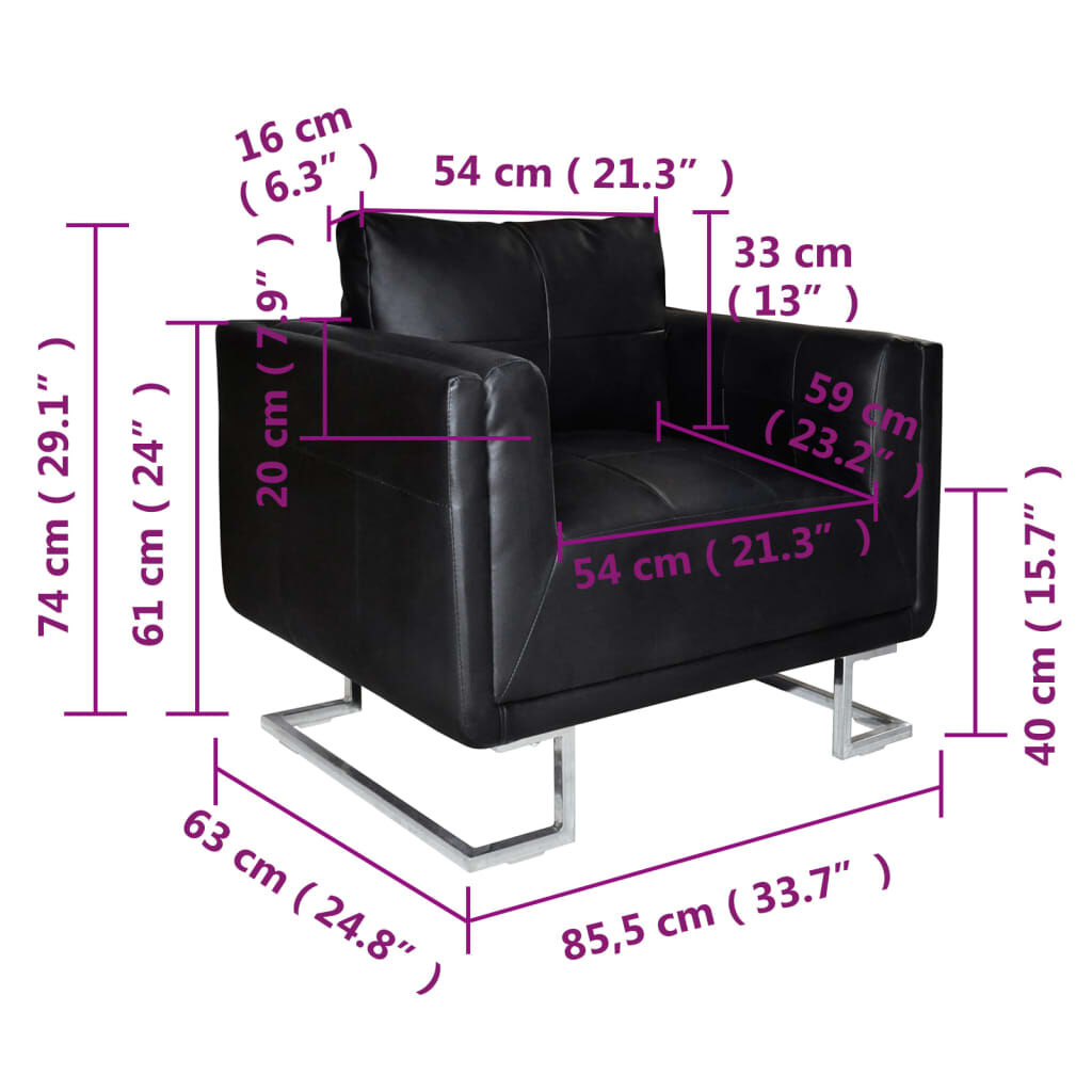 vidaXL Cube Armchair with Chrome Feet Black Leather