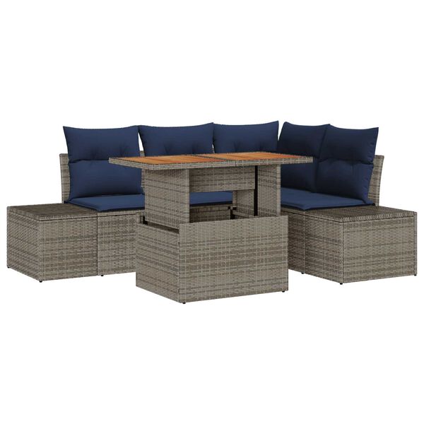 vidaXL 5 Piece Garden Sofa Set with Cushions Grey Poly Rattan Acacia