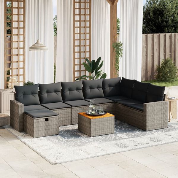vidaXL 9 Piece Garden Sofa Set with Cushions Grey Poly Rattan