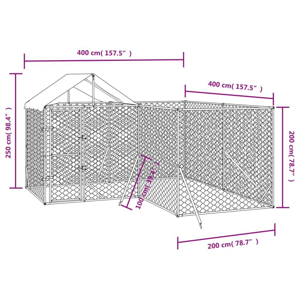 vidaXL Outdoor Dog Kennel with Roof Silver 4x4x2.5 m Galvanised Steel