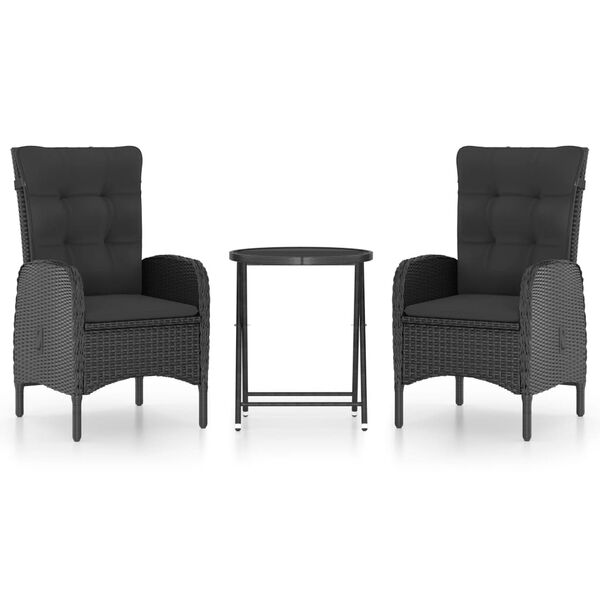 vidaXL 3 Piece Garden Bistro Set Poly Rattan and Glass Black