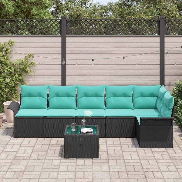 vidaXL Garden Sofa Set with Cushion 7 pcs Black Poly Rattan