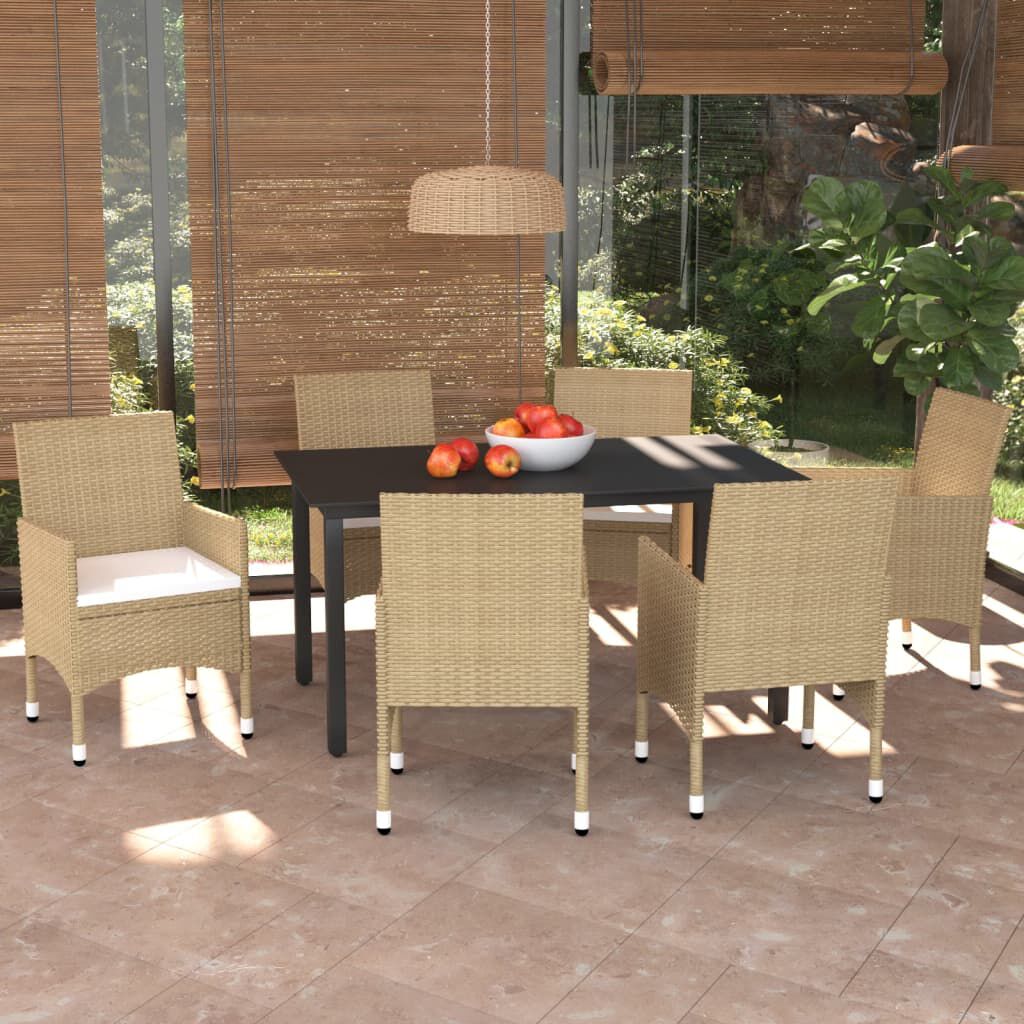 vidaXL 7 Piece Garden Dining Set with Cushions Poly Rattan Beige
