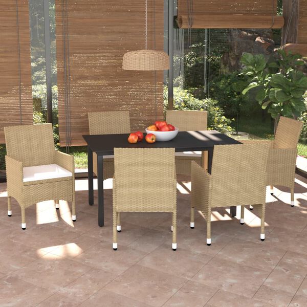 vidaXL 7 Piece Garden Dining Set with Cushions Poly Rattan Beige