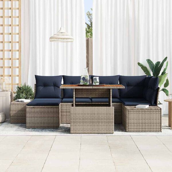 vidaXL Garden Dining Set with Cushion 7 pcs Grey and Navy