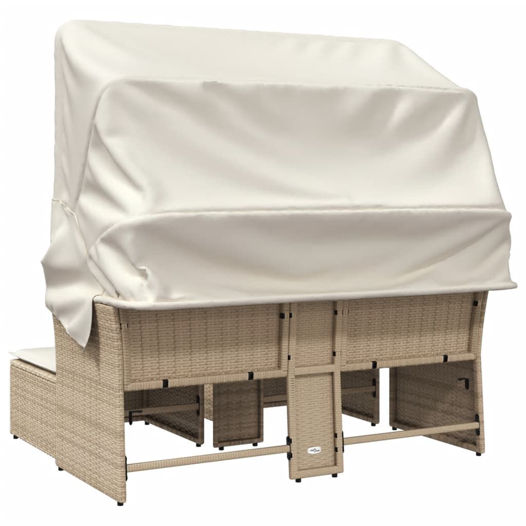 vidaXL Garden Sofa 2-Seater with Canopy and Stools Beige Poly Rattan