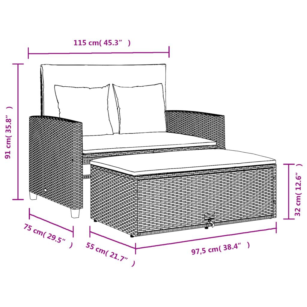 vidaXL Garden Sofa with Cushions 2-Seater Brown Poly Rattan