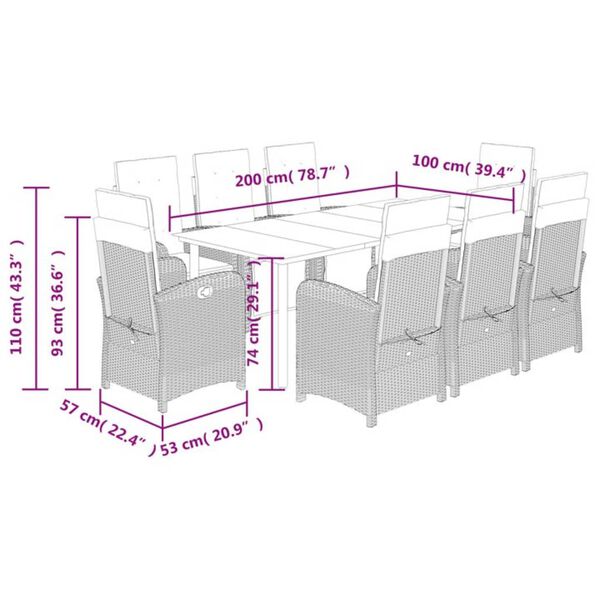 vidaXL 9 Piece Garden Dining Set with Cushions Grey Poly Rattan