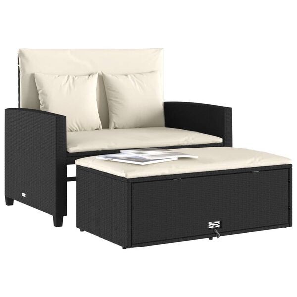 vidaXL Garden Sofa with Cushions 2-Seater Black Poly Rattan