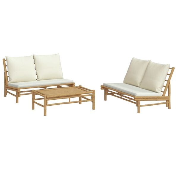 vidaXL 3 Piece Garden Lounge Set with Cream White Cushions Bamboo