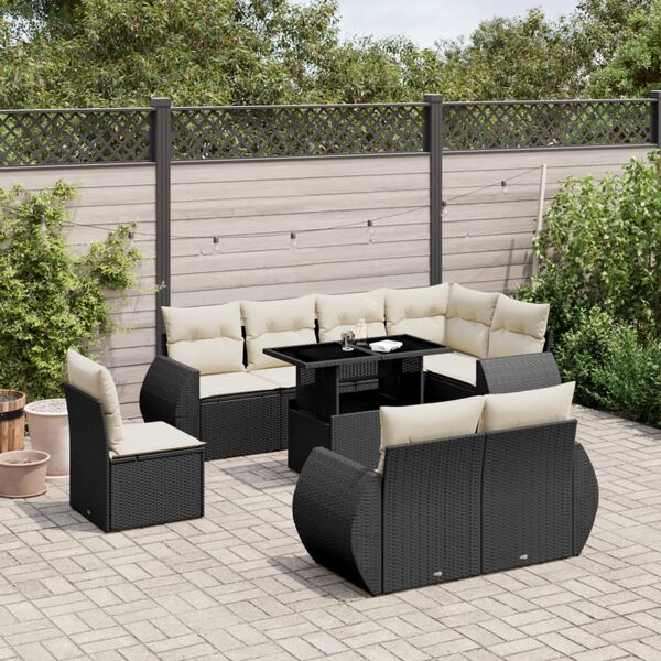 vidaXL 9 Piece Garden Sofa Set with Cushions Black Poly Rattan