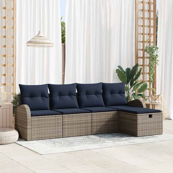 vidaXL Sofa Set with Cushion with Storage Grey and Navy Poly Rattan