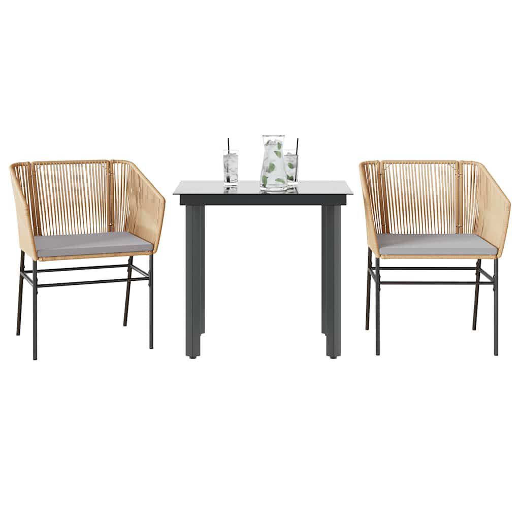 vidaXL 3 Piece Garden Dining Set with Cushions Brown Poly Rattan Glass