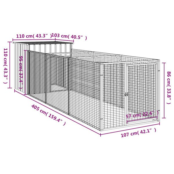 vidaXL Dog House with Run Anthracite 110x405x110 cm Galvanised Steel
