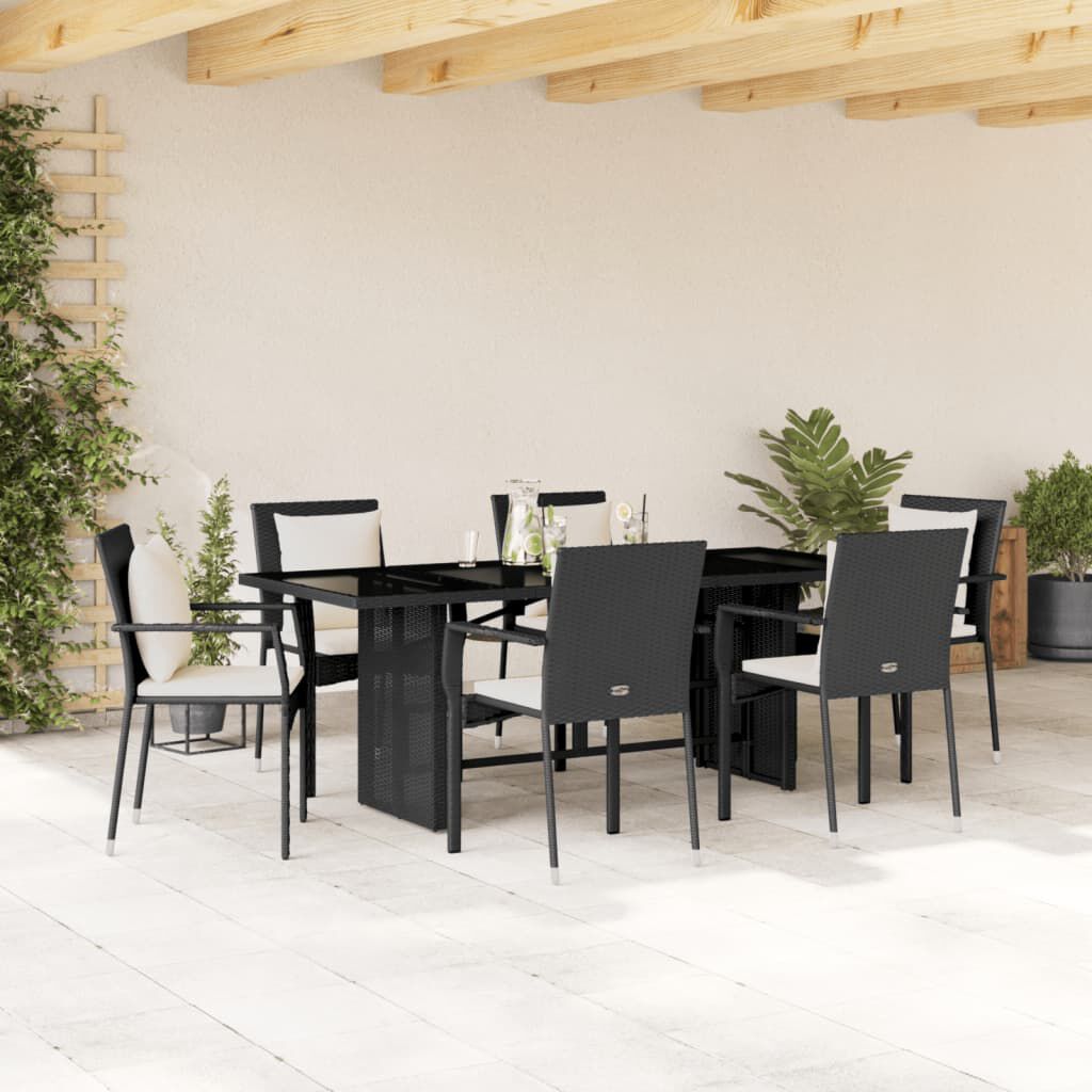 vidaXL 7 Piece Garden Dining Set with Cushions Black Poly Rattan