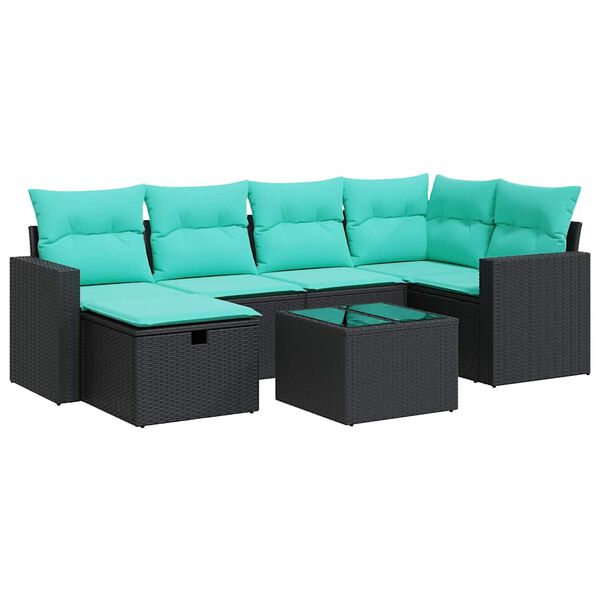 vidaXL 7 Piece Garden Sofa Set with Cushions Black Poly Rattan