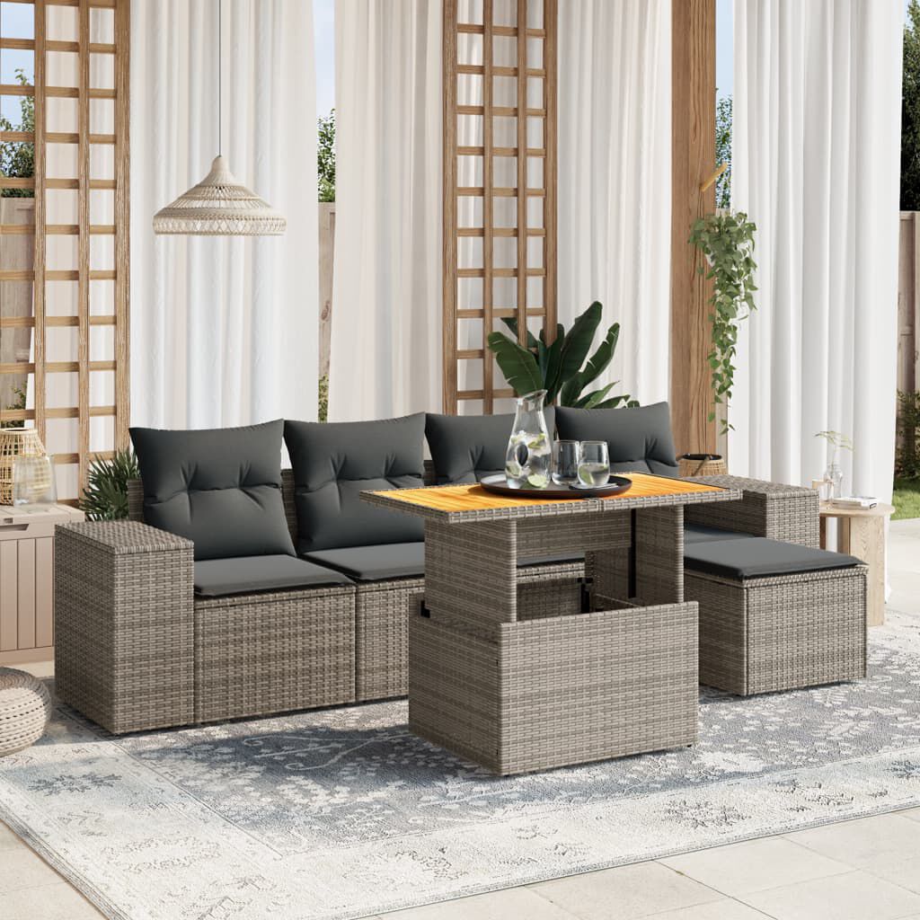 vidaXL 6 Piece Garden Sofa Set with Cushions Grey Poly Rattan