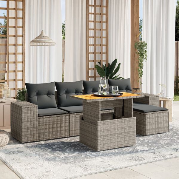 vidaXL 6 Piece Garden Sofa Set with Cushions Grey Poly Rattan