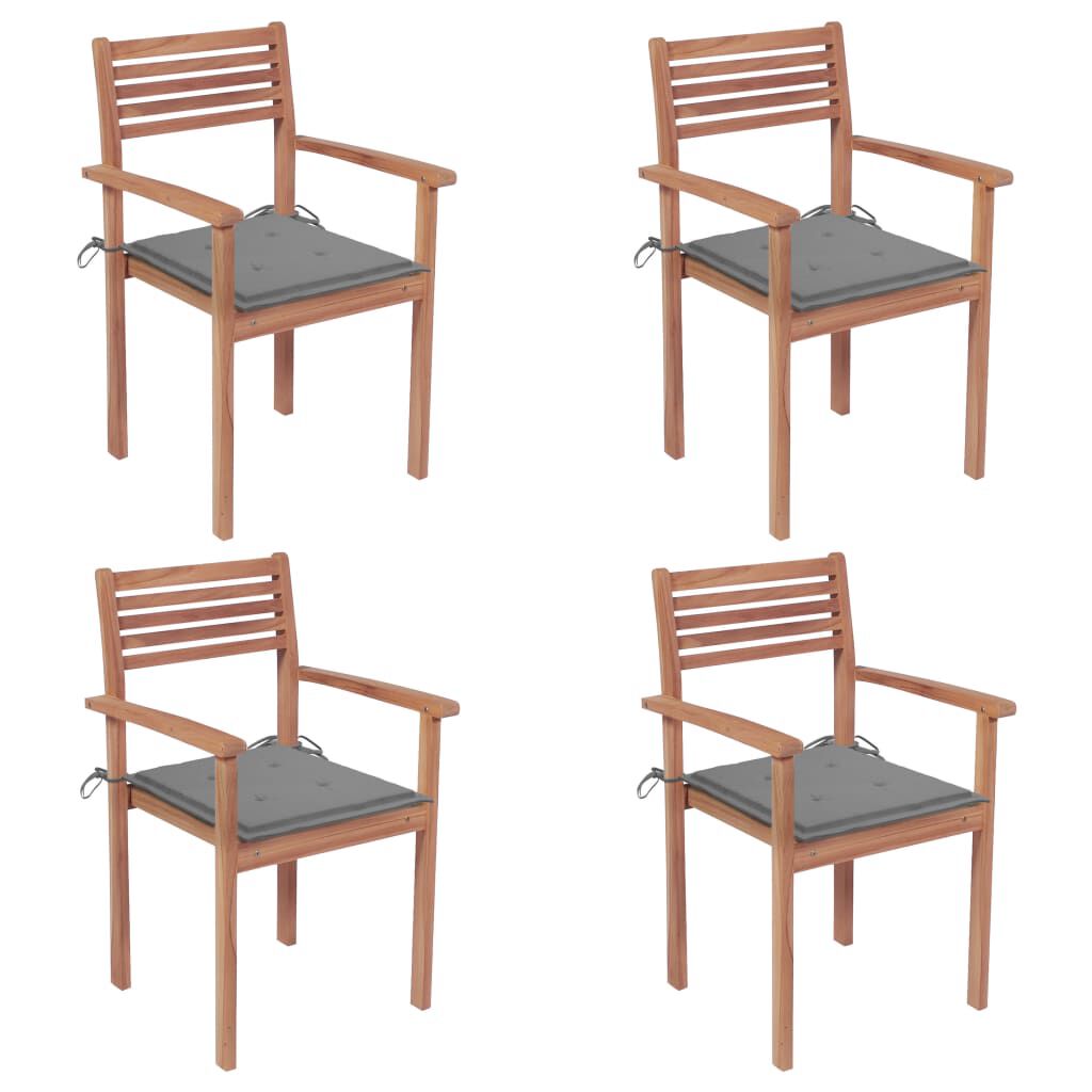vidaXL Garden Chairs 4 pcs with Grey Cushions Solid Teak Wood