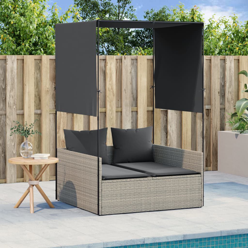 vidaXL Double Sun Lounger with Roof and Curtains Light Grey Poly Rattan